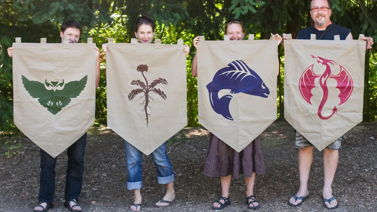 Handmade guild banners at Trackers Earth
